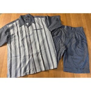 Montique Mens L Button Up Shirt & Shorts Set Gray Blue Front‎ Pocket